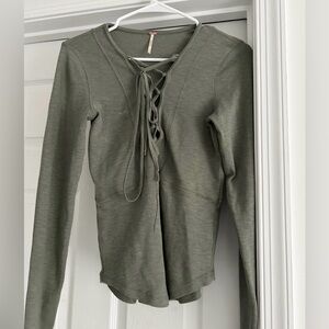 Free People Lucky Lace Up Long Sleeve Top Olive Green top Size Small